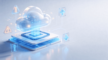 Futuristische blaue Cloud auf einer digitalen Plattform mit Warnsymbolen und Auf- und Abwärtspfeilen als Symbol für Cloud Computing, Datenfluss und IT-Systemüberwachung.