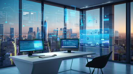 Modernes Büro mit digitalen Dashboards und Stadtblick, Symbol für IT-Innovation und Digitalisierungslösungen der ISO-Gruppe.